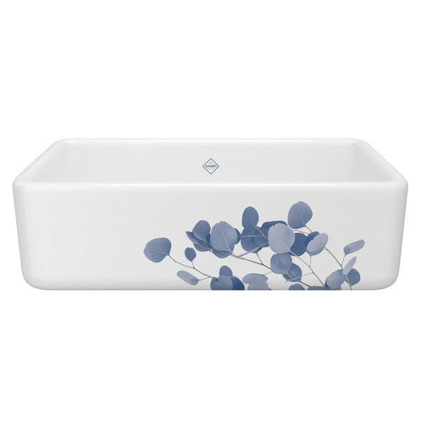 SHAWS RC3318 33 Inch Lancaster White Single Bowl Farmhouse Apron Front Fireclay Kitchen Sink With Eucalyptus Design