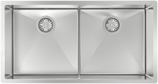 ZOMODO CAC406D3 34" 50/50 Dbl Sink - UM, 16ga, R10 (Inc. Grids & Drain Covers)