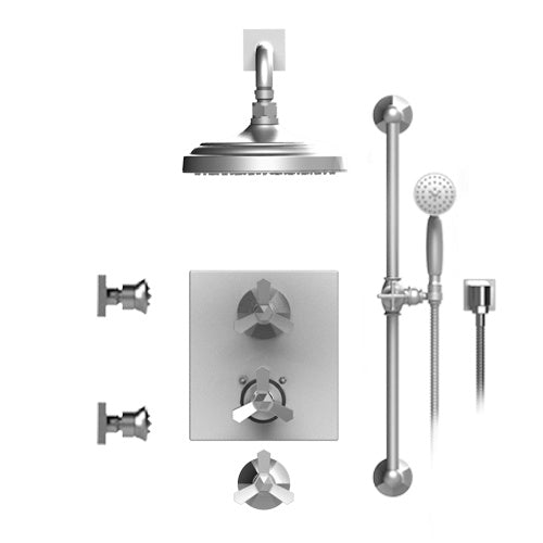 RUBINET T31HXC Temperature Control Shower With Two Way Diverter & Shut-Off, With One Separate Volume Control, Hand Held Shower, Adjustable Slide Bar, Integral Supply, Two Body Sprays & 8" Wall Mount Showe Head (Trim Only)