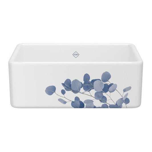 SHAWS MS3018 30 Inch Shaker White Single Bowl Farmhouse Apron Front Fireclay Kitchen Sink With Eucalyptus Design