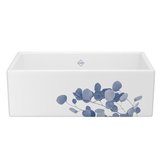 SHAWS MS3318 33 Inch Shaker White Single Bowl Apron Front Fireclay Kitchen Sink With Eucalyptus Design