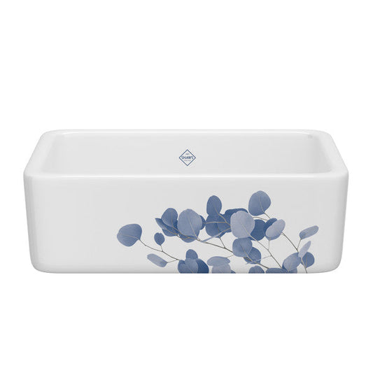 SHAWS RC3018 30 Inch Lancaster White Single Bowl Farmhouse Apron Front Fireclay Kitchen Sink With Eucalyptus Design