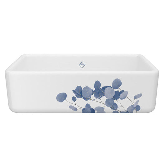 SHAWS RC3318 33 Inch Lancaster White Single Bowl Farmhouse Apron Front Fireclay Kitchen Sink With Eucalyptus Design