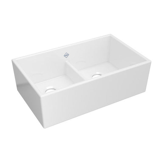 SHAWS MS3320 33 Inch Shaker Low Divide Double Bowl Apron Front Fireclay Kitchen Sink
